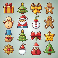 A set of Christmas icons featuring festive symbols like Santa Claus, reindeer, snowflakes