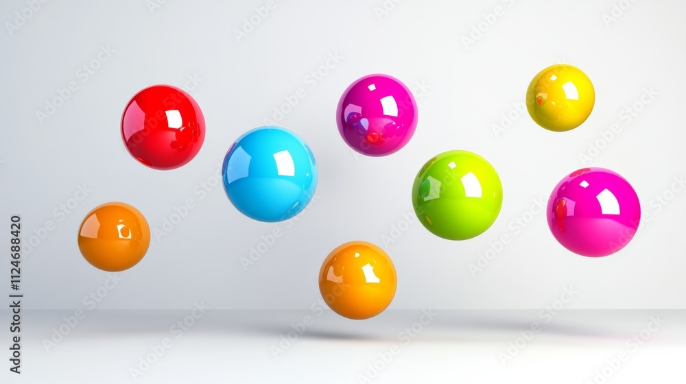 Poster colorful array of balls are floating in the air. the balls are of different colors and sizes, creati