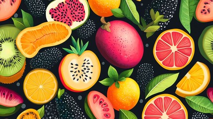 A colorful fruit pattern with kiwi, passion fruit, orange, grapefruit, watermelon, and blackberries.