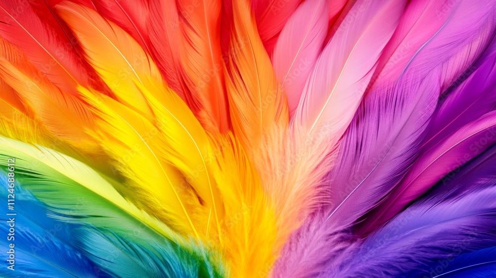 Poster colorful feather arrangement with a rainbow of colors. the feathers are arranged in a way that they 