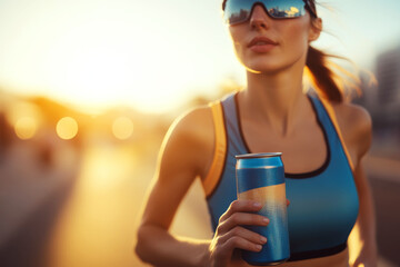 Woman in athletic gear jogging outdoors, holding a can with blurred background. Concept of fitness and active lifestyle. For promoting sports drinks