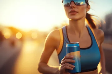 Vitrage gordijnen Woman in athletic gear jogging outdoors, holding a can with blurred background. Concept of fitness and active lifestyle. For promoting sports drinks © Oksana