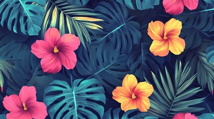 Tropical floral pattern with pink and yellow hibiscus flowers and lush green leaves.