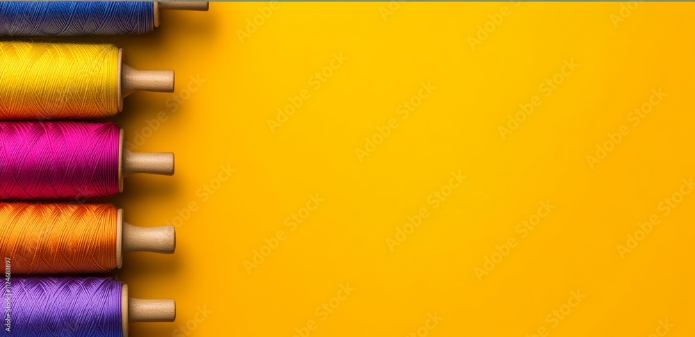 Poster yellow background with a row of colorful yarns on it. the yarns are of different colors and are arra