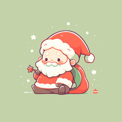 Cute Chibi Santa Holding Star in Red Suit Surrounded by Stars. Cute Santa Vector.