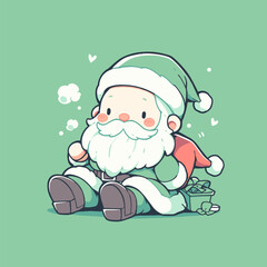 Cute Chibi Santa Claus with Gifts on a Green Background. Cute Santa Vector.