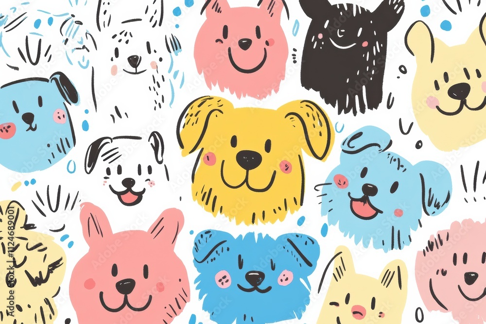 Poster colorful doodle-style illustration features various dog faces expressing joy and curiosity against a