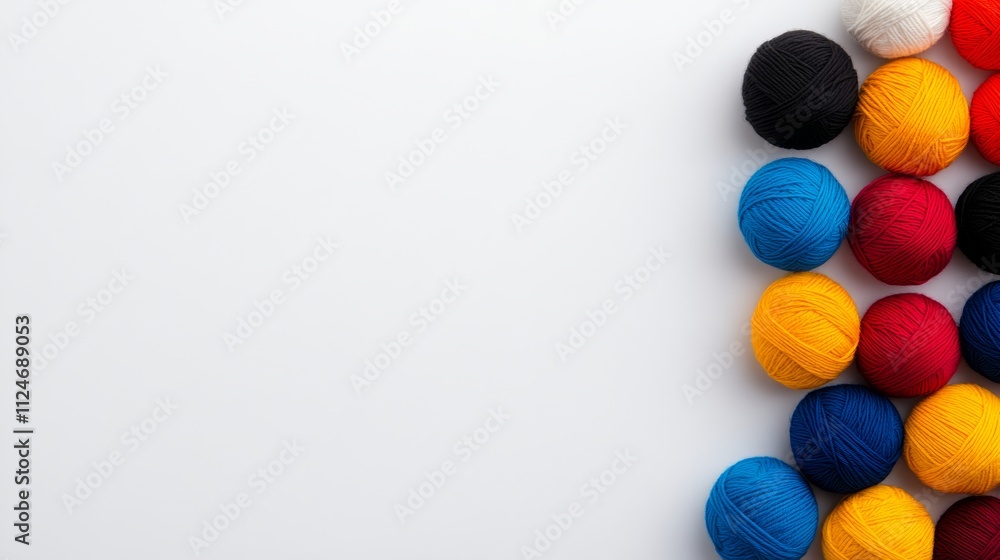 Poster row of colorful balls of yarn on a white background. the balls are of different colors and sizes, cr