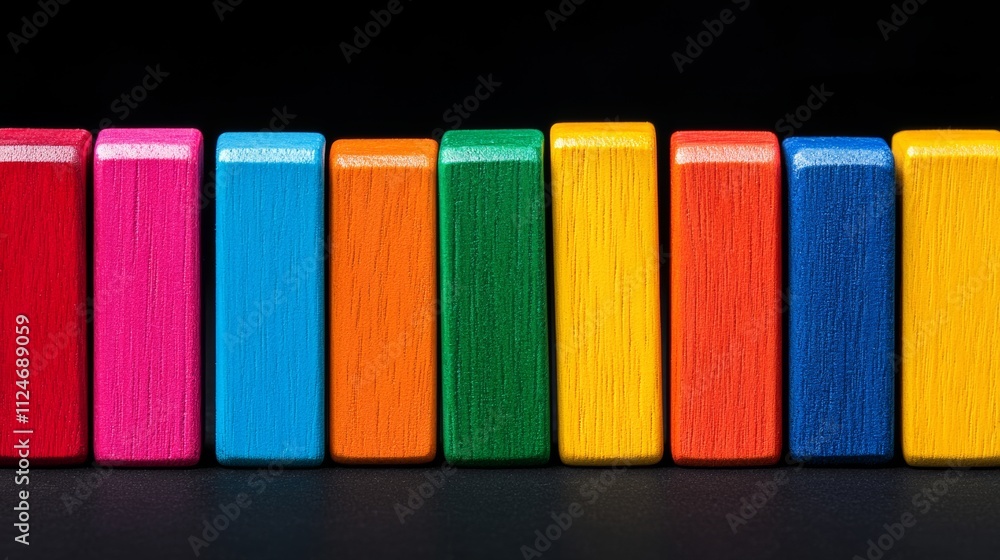Poster row of wooden blocks in a rainbow of colors. the blocks are arranged in a line, with each block bein