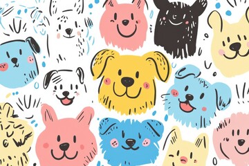 Obraz premium Colorful doodle-style illustration features various dog faces expressing joy and curiosity against a clean background, inviting creative text. Generative AI