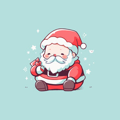 Cute Cartoon Santa Claus with Gift and Stars on Blue Background. Cute Santa Vector.