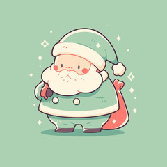 Cute Cartoon Santa Claus with Mint Green Suit and Red Sack. Cute Santa Vector.
