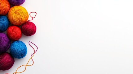Bunch of colorful yarn balls are arranged in a row. The colors are red, yellow, and blue