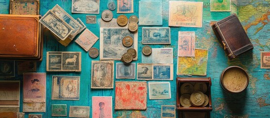 Antique Postal Stamps and Coins Collection on Teal Background