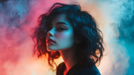 Captivating portrait of young woman in colorful smoke during creative photoshoot