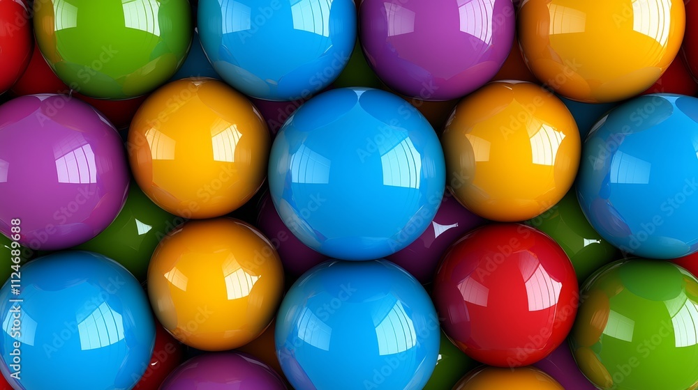 Poster Colorful array of balls with different colors and sizes. Concept of fun and playfulness, as the balls are arranged in a way that suggests they are bouncing or rolling around