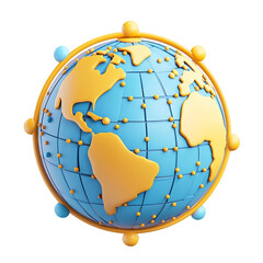 Bright 3D Globe Icon with Business Connections in Minimalist Cartoon Style on White Background