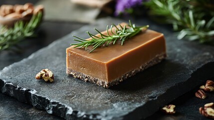 Rustic stone slab featuring a caramel and pecan entremet garnished with fresh rosemary