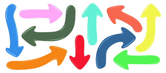 Set of arrow icons in colorful cartoon style. Hand drawn colored comic arrows or pointer collection in different directions isolated on white background. Direction elements, flat vector illustration