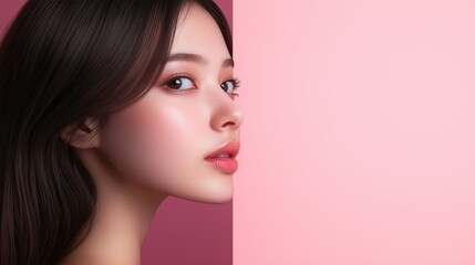Naklejka premium Elegance of a young woman with soft features against a pastel backdrop captured in a serene moment