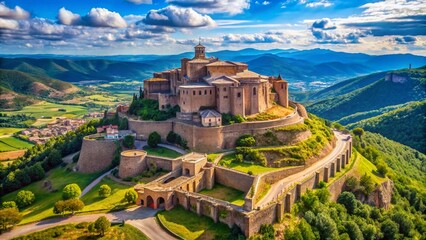 Obraz premium Aerial View of the Majestic Castle of Cardona in Catalonia, Spain Surrounded by Scenic Landscapes and Historical Architecture Under a Clear Blue Sky