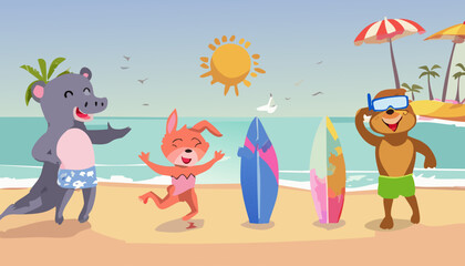Cute cartoon animals with surfboard on the beach. Vector illustration in flat style