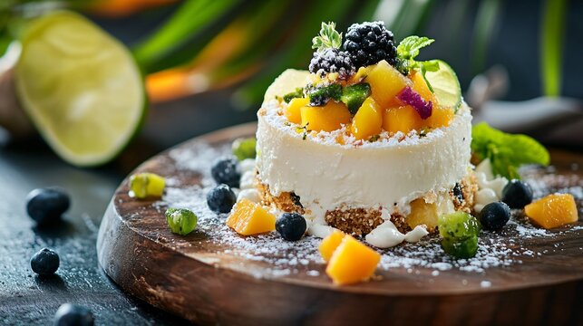 Rustic wooden platter with a coconut and lime entremet topped with a tropical fruit medley