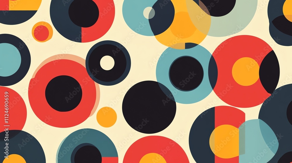 Poster abstract background pattern of colorful circles in a mid-century modern style.