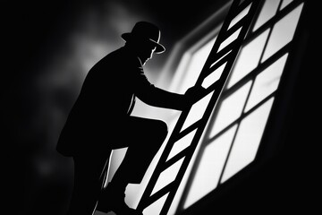 investigation analysis theft concept. A silhouetted figure in a hat climbs a ladder towards a brightly lit window, creating a dramatic contrast against a dark background.