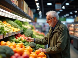 An elderly man is carefully choosing vegetables and fruits from a well-stocked grocery store display, surrounded by vibrant colors and fresh options