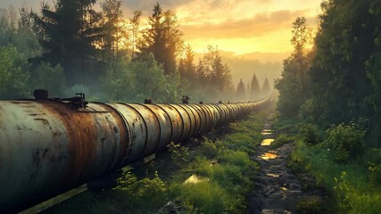 Rusty pipeline stretches through a misty forest at dawn with warm sunlight illuminating the scene - Powered by Adobe