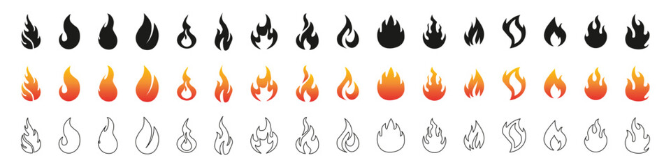 Flame illustrations in black, orange and outline. Fire icon vector set. Flame icon collection. Fire flame symbol. Black, gradient, line set
