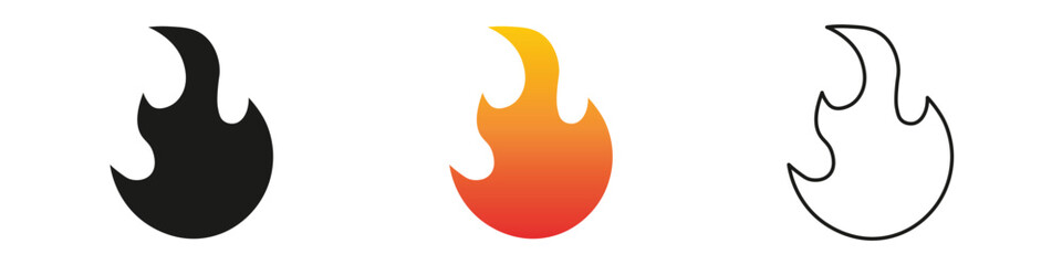 Flame graphics in three colors show design versatility. Fire icon vector set. Flame icon collection. Fire flame symbol. Black, gradient, line set