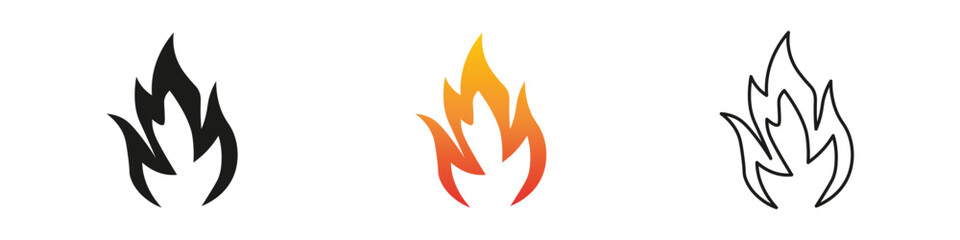 Icon collection of flame designs in various colors and styles. Fire icon vector set. Flame icon collection. Fire flame symbol. Black, gradient, line set