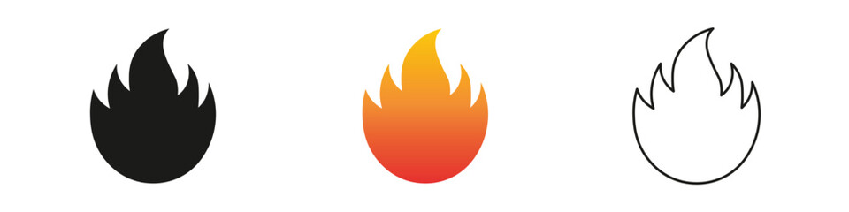 Different flame icons in various colors and styles. Fire icon vector set. Flame icon collection. Fire flame symbol. Black, gradient, line set