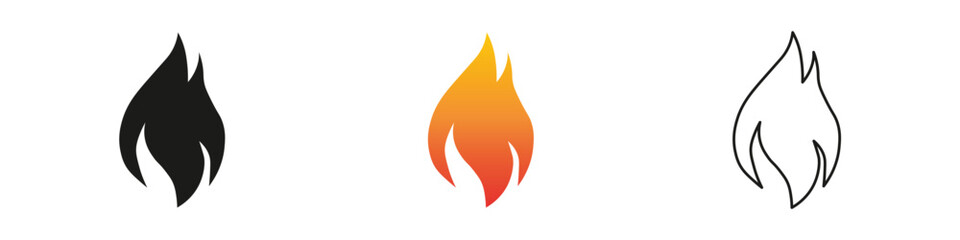 Different styles of flame icons in various colors and designs. Fire icon vector set. Flame icon collection. Fire flame symbol. Black, gradient, line set