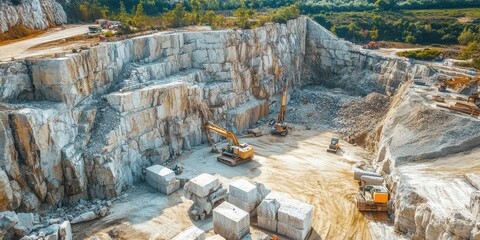 A quarry in a remote location, with huge machines working to remove massive stone blocks and reshape the land.