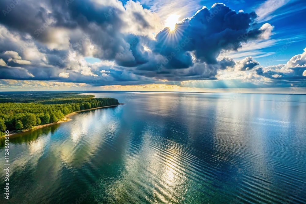 Poster aerial view of the tranquil baltic sea on a calm day with cloudy sky captured in bokeh effect for st