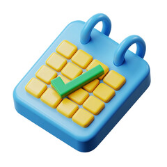 Bright and Playful 3D Calendar Icon with Green Checkmark in Minimalist Cartoon Style