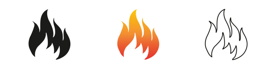 Flame symbols in black, orange, and white on a simple background. Fire icon vector set. Flame icon collection. Fire flame symbol. Black, gradient, line set