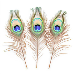 Obraz premium Four detailed peacock feathers with iridescent blue and green eyespots isolated on white backround