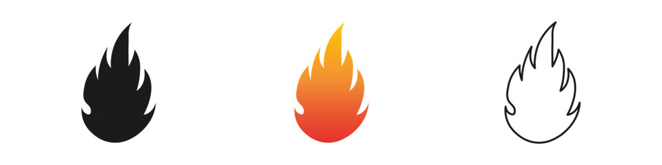 Flame icons in different colors representing heat and energy. Fire icon vector set. Flame icon collection. Fire flame symbol. Black, gradient, line set