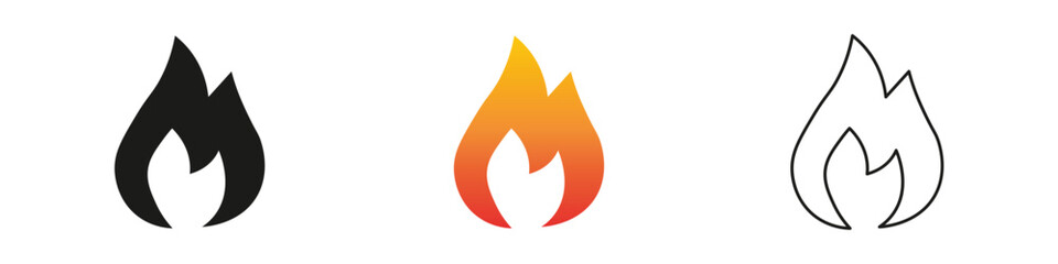 Different designs of flame symbols in various colors. Fire icon vector set. Flame icon collection. Fire flame symbol. Black, gradient, line set