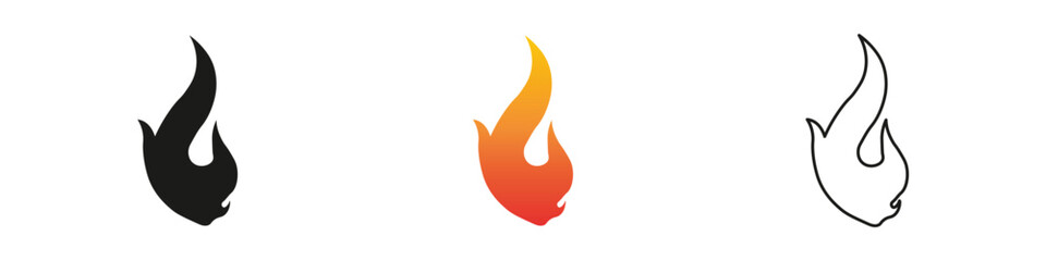 Unique flame designs showcasing different styles and colors. Fire icon vector set. Flame icon collection. Fire flame symbol. Black, gradient, line set