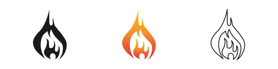Flame designs in various colors and styles for creative use. Fire icon vector set. Flame icon collection. Fire flame symbol. Black, gradient, line set