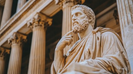 Fototapeta premium Ancient Greek philosopher statue thinking with hand on chin, symbolizing philosophy, history, art, and cultural heritage in classical architecture.