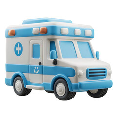 Bright Blue and White 3D Cartoon-Style Ambulance Icon on Minimal White Background