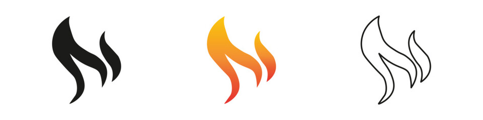 Flame designs in three distinct styles showcasing fire elements. Fire icon vector set. Flame icon collection. Fire flame symbol. Black, gradient, line set