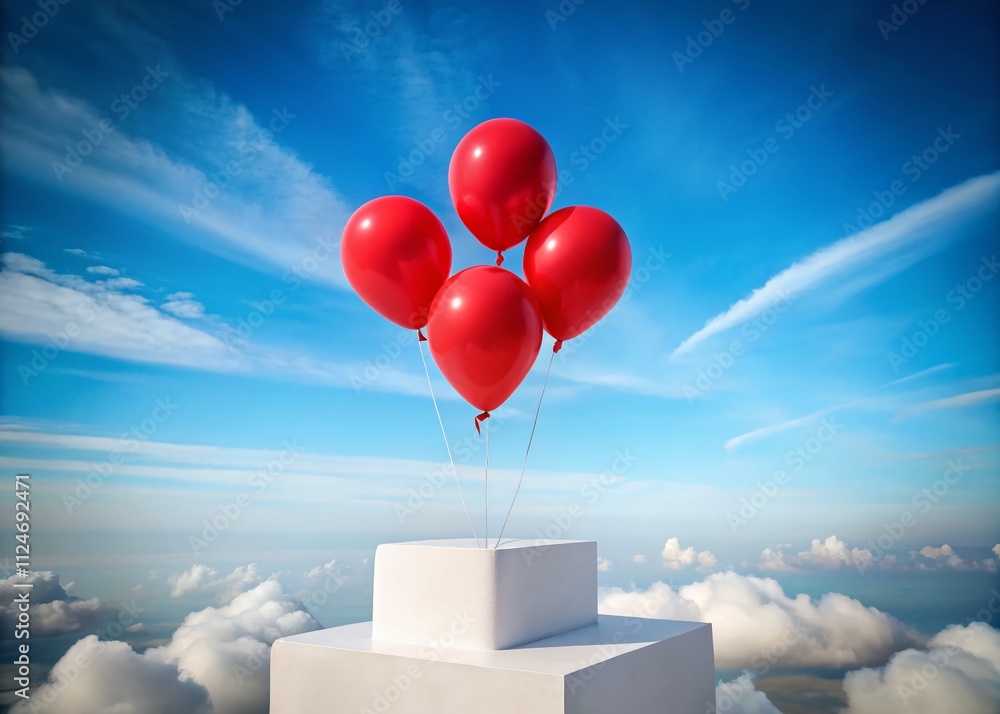 Poster aerial view of three vibrant red balloons floating gracefully over a minimalistic white pedestal on 