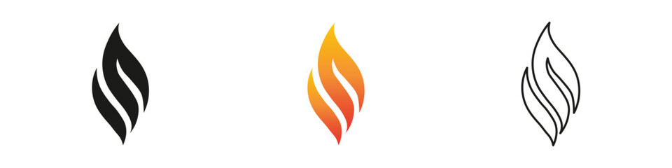 Stylized flame icons in various colors and designs for branding. Fire icon vector set. Flame icon collection. Fire flame symbol. Black, gradient, line set